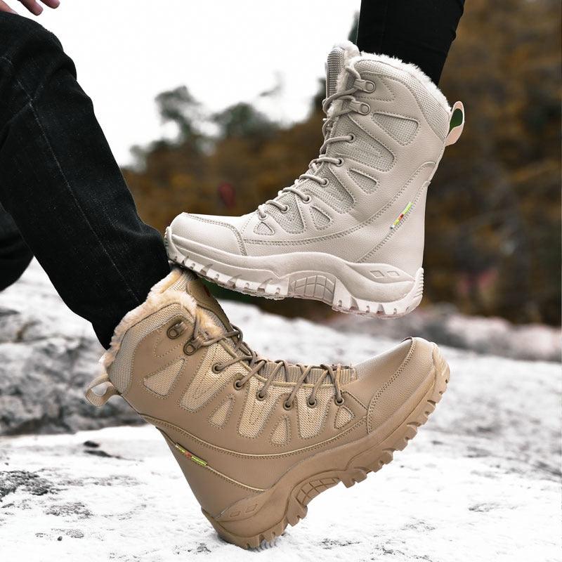 Winter Warm Plush Fur Waterproof Leather Snow Boots for Outdoor Work and Combat