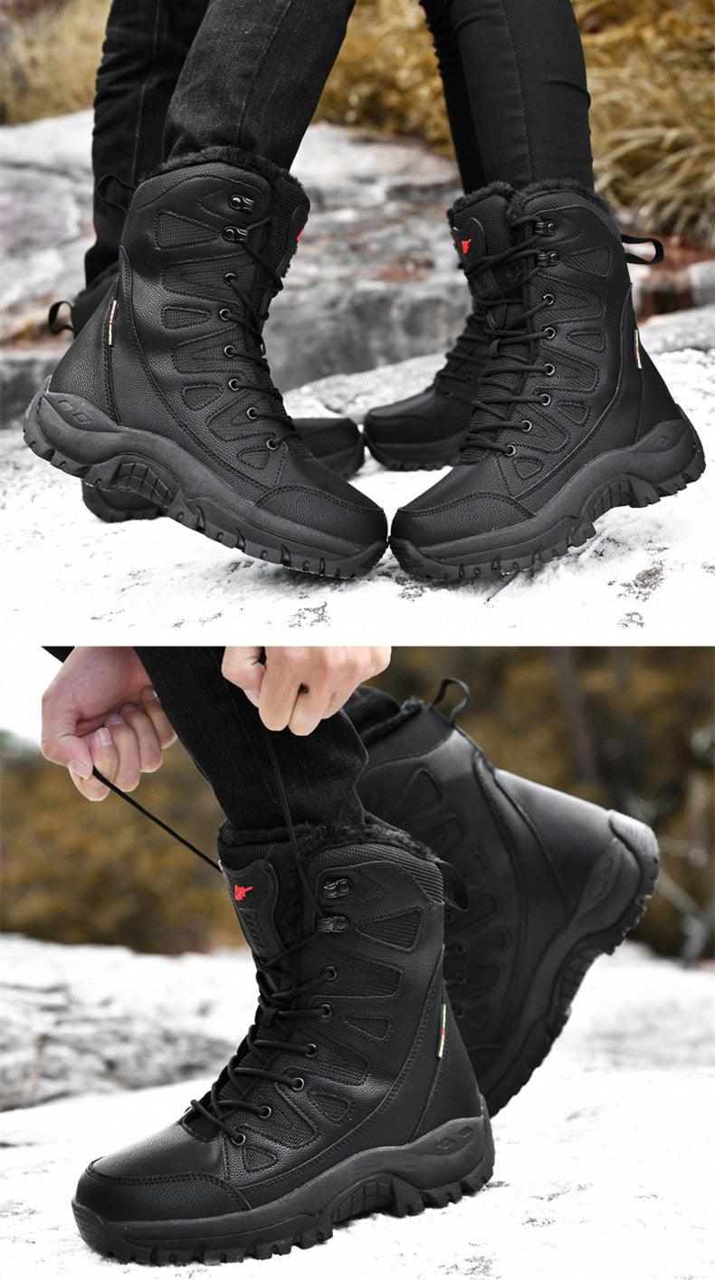 Winter Warm Plush Fur Waterproof Leather Snow Boots for Outdoor Work and Combat