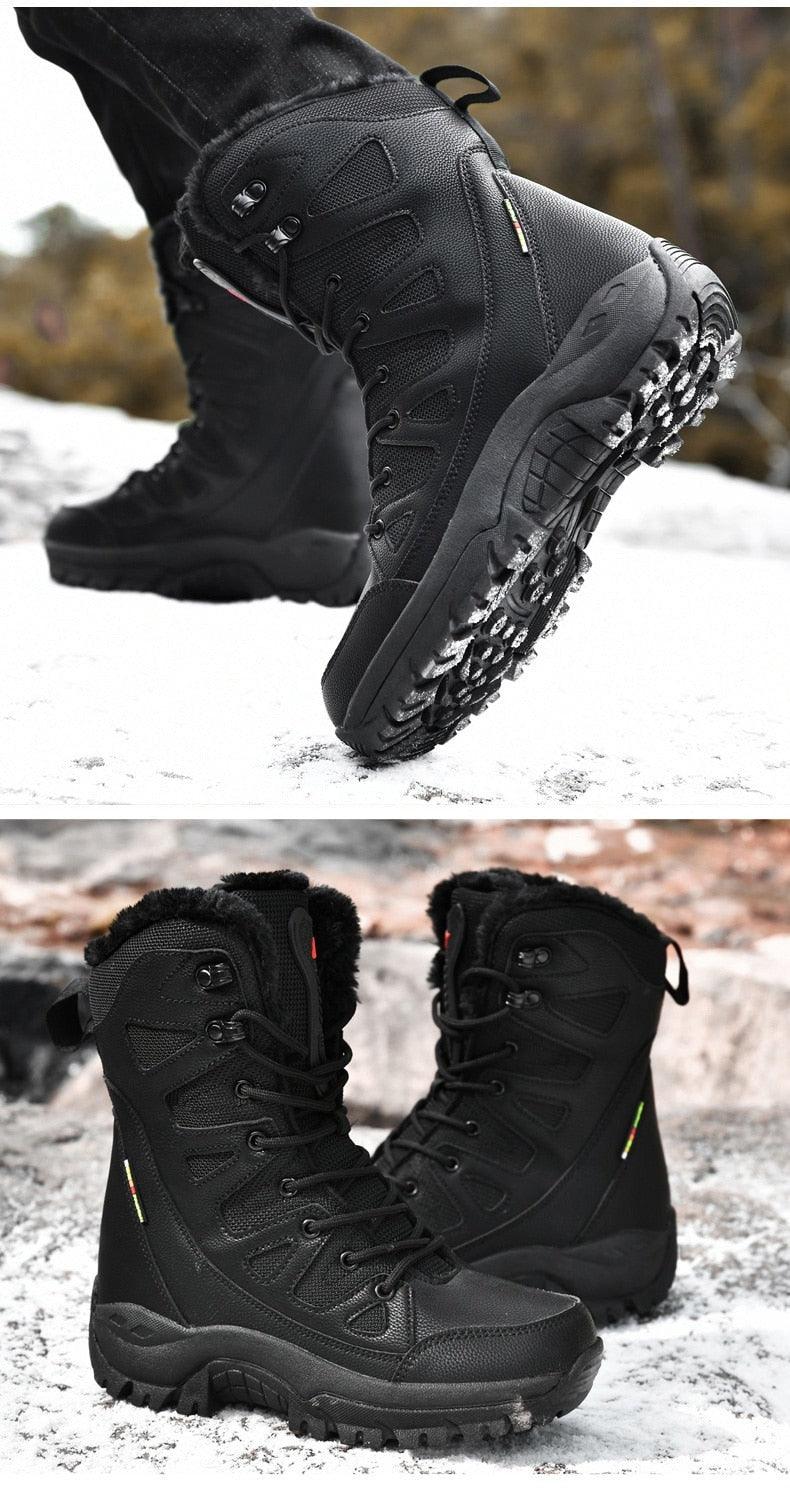 Winter Warm Plush Fur Waterproof Leather Snow Boots for Outdoor Work and Combat