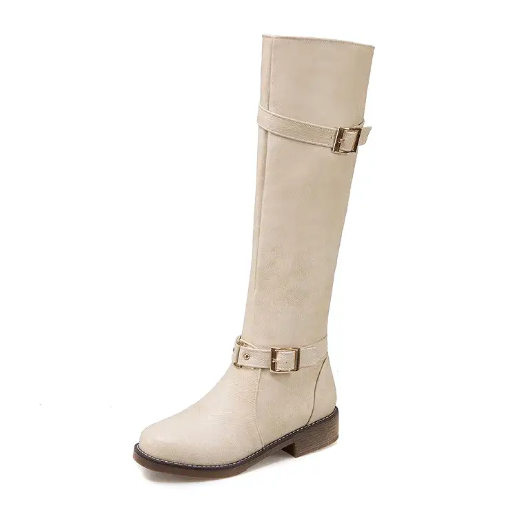 Women's Buckle Straps Block Heel Knee High Knight Boots