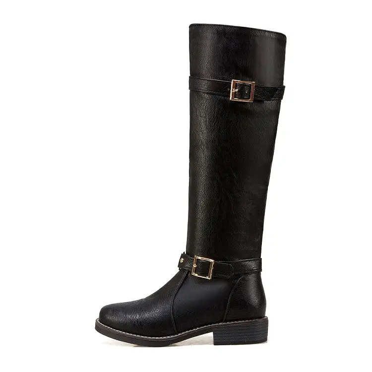 Women's Buckle Straps Block Heel Knee High Knight Boots