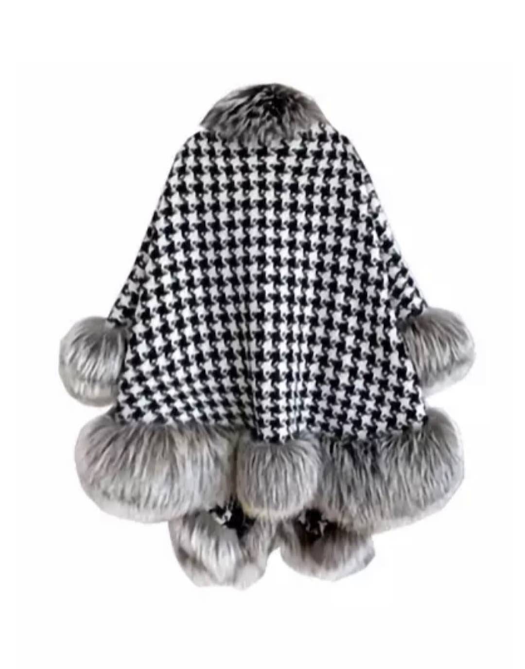 Wool Fox Fur Trimmed Houndstooth Poncho