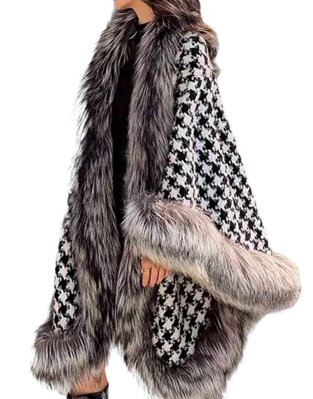 Wool Fox Fur Trimmed Houndstooth Poncho